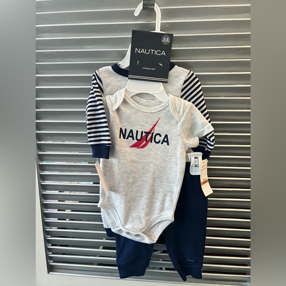 0-3m New NAUTICA 3Pc set long sleeve coverall onesie pants combo stripe nautical - Picture 3 of 5